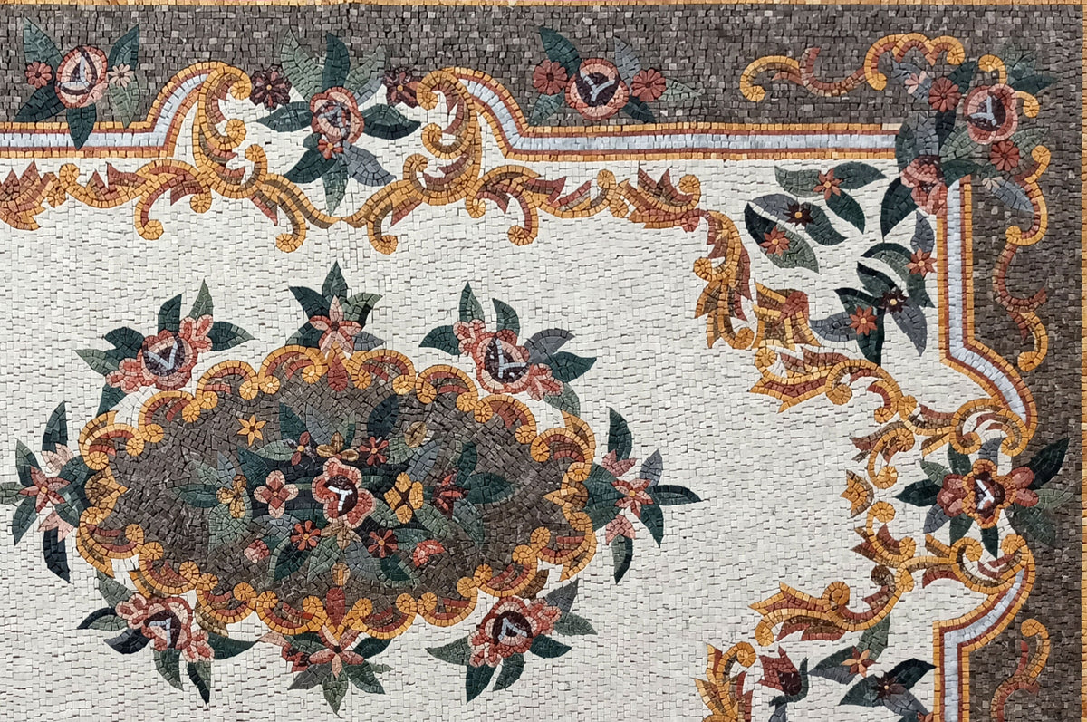 Floral Marble Mosaic Rug: Handmade Stone Art Carpet (90” x 60")
