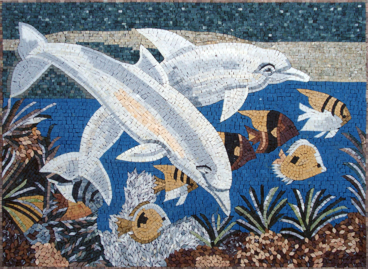 Dolphin Mosaic Backsplash: Handmade Sea Animal Marble Tile Art