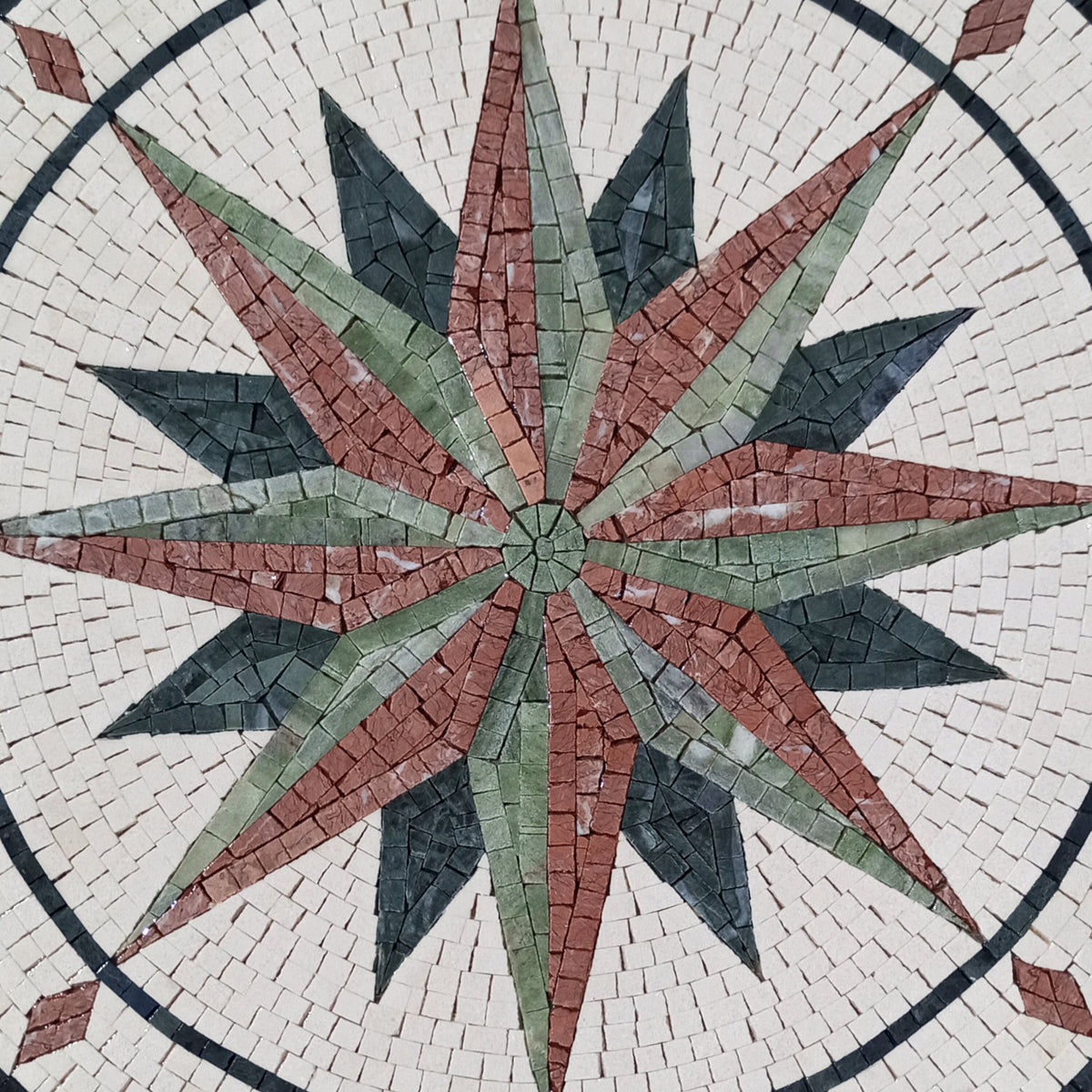 Handmade Compass Rose Mosaic Medallion Tile Art: Pink & Green Marble (32")