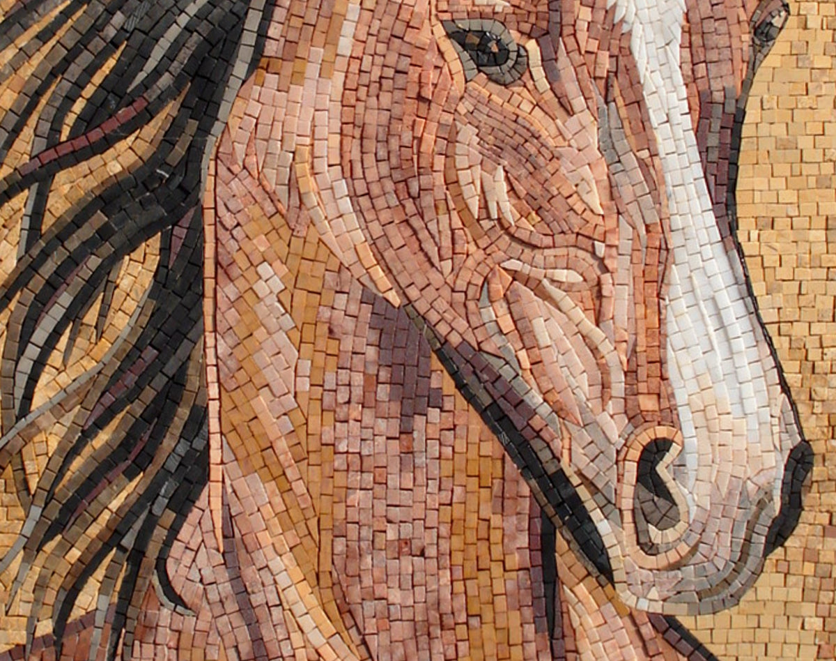 Handmade Horse Mosaic Mural: Brown Marble Stone Artwork