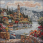 Seascape Mosaic Mural: Handmade Marble Sailboat, Coastal Village Art (40x40")