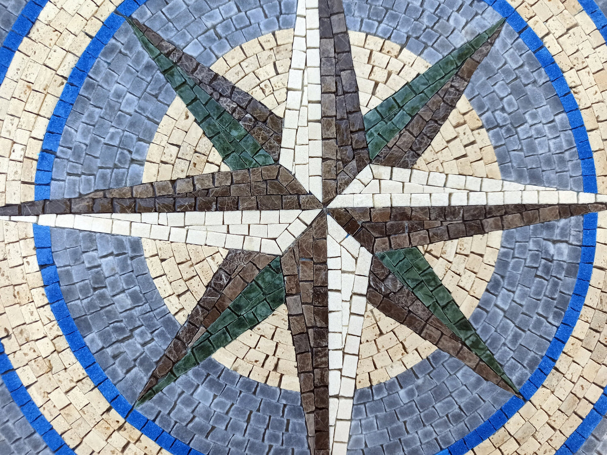 Nautical Compass Mosaic Tile: Blue Wind Rose Medallion (32" Diameter)