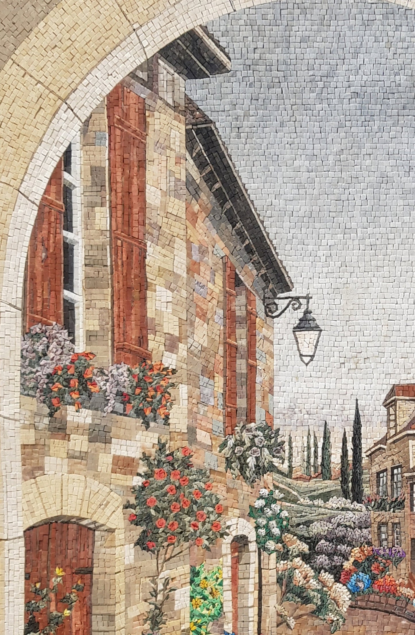Handmade Marble Mosaic Mural: Botanical European Village Scene