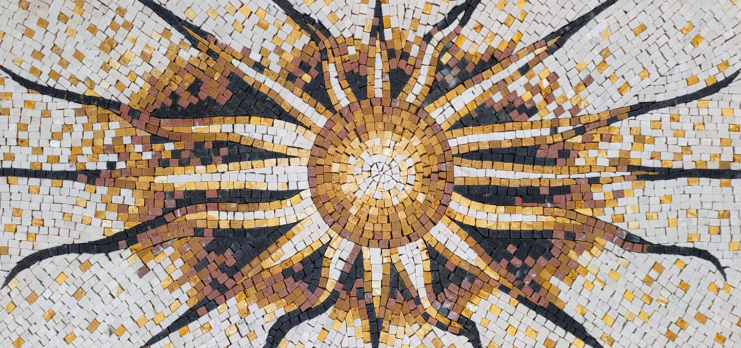 Flaming Sun Marble Mosaic Rug: Handmade Celestial Tile Art