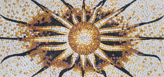 Flaming Sun Marble Mosaic Rug: Handmade Celestial Tile Art
