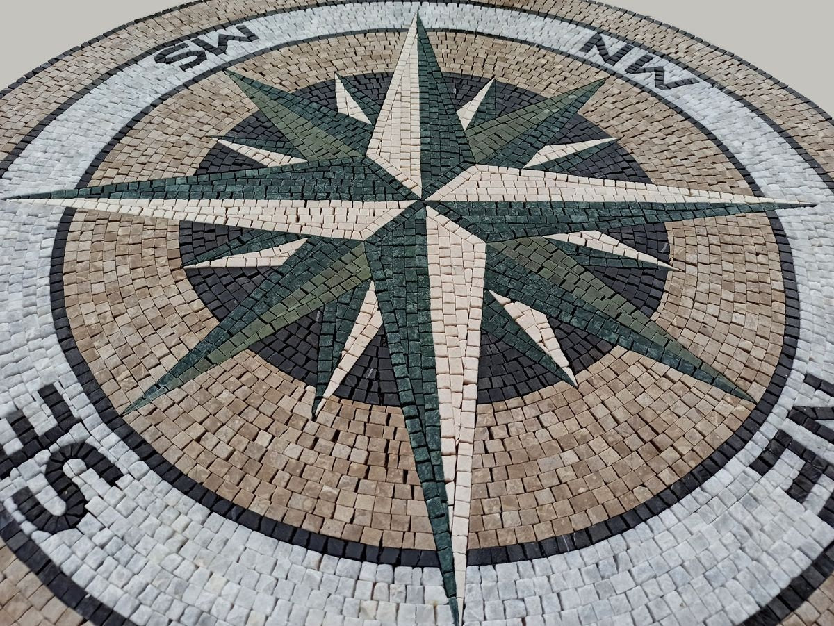 Handmade Compass Mosaic Tile Medallion: Indoor/Outdoor Marble Art