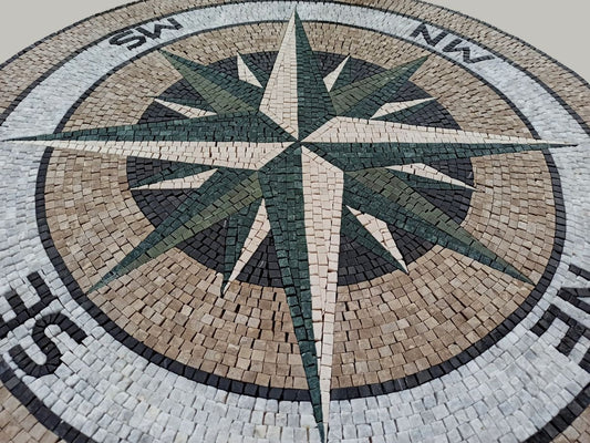 Handmade Compass Mosaic Tile Medallion: Indoor/Outdoor Marble Art