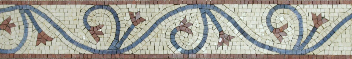 Botanical Mosaic Border Tiles: Blue Red Leaf Art (6"x40")