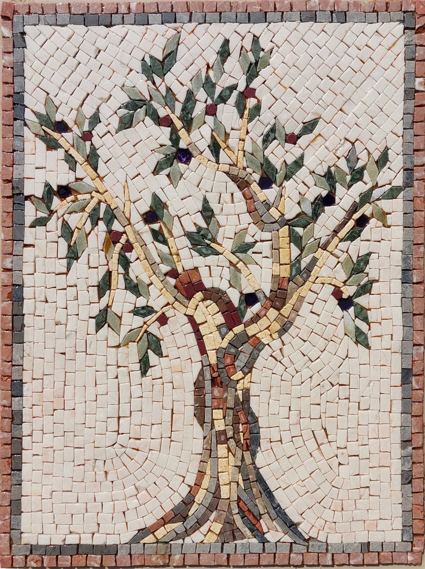 Olive Tree Backsplash Marble Mosaic Tiles. Customization. Handcrafted Roman Mosaics
