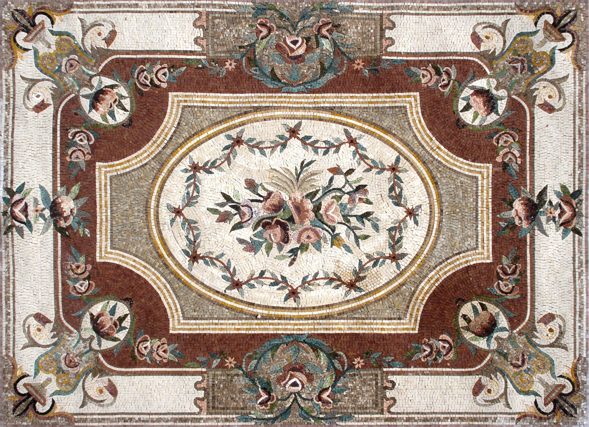 Floral Marble Mosaic Rug: Handmade Stone Carpet (104” x 72")