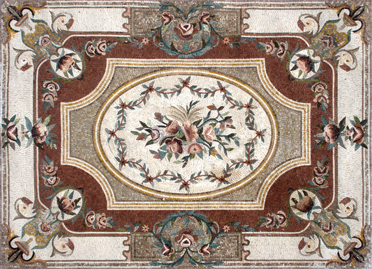 Floral Marble Mosaic Rug: Handmade Stone Carpet (104” x 72")