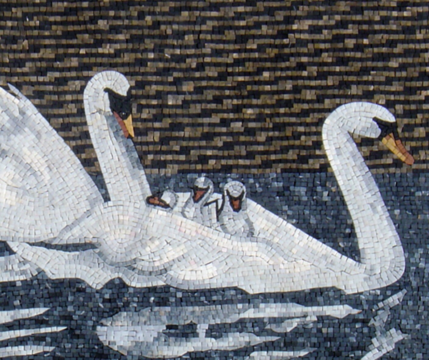 Handmade Swans Mosaic Tile Art: Family Swimming on Pond