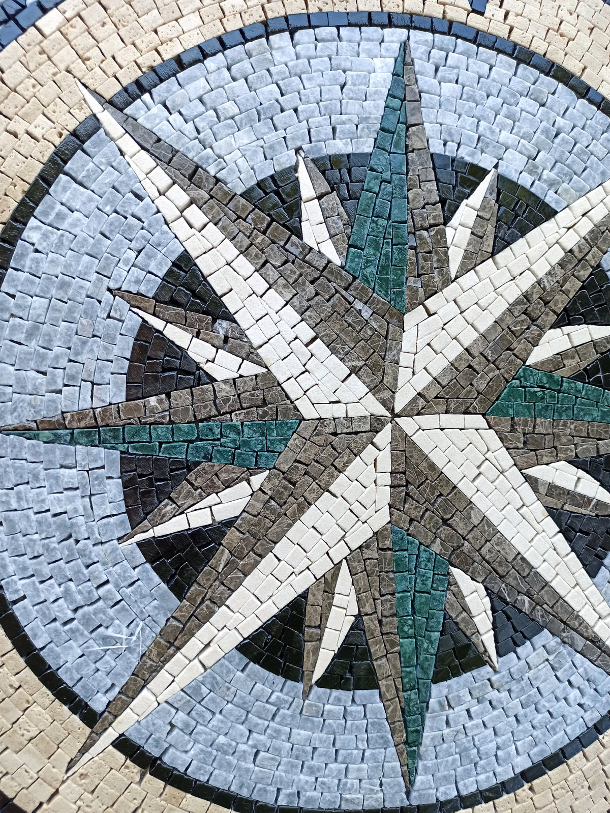Handmade Marble Mosaic Compass Tile: Nautical Flooring Art (32" Diameter)