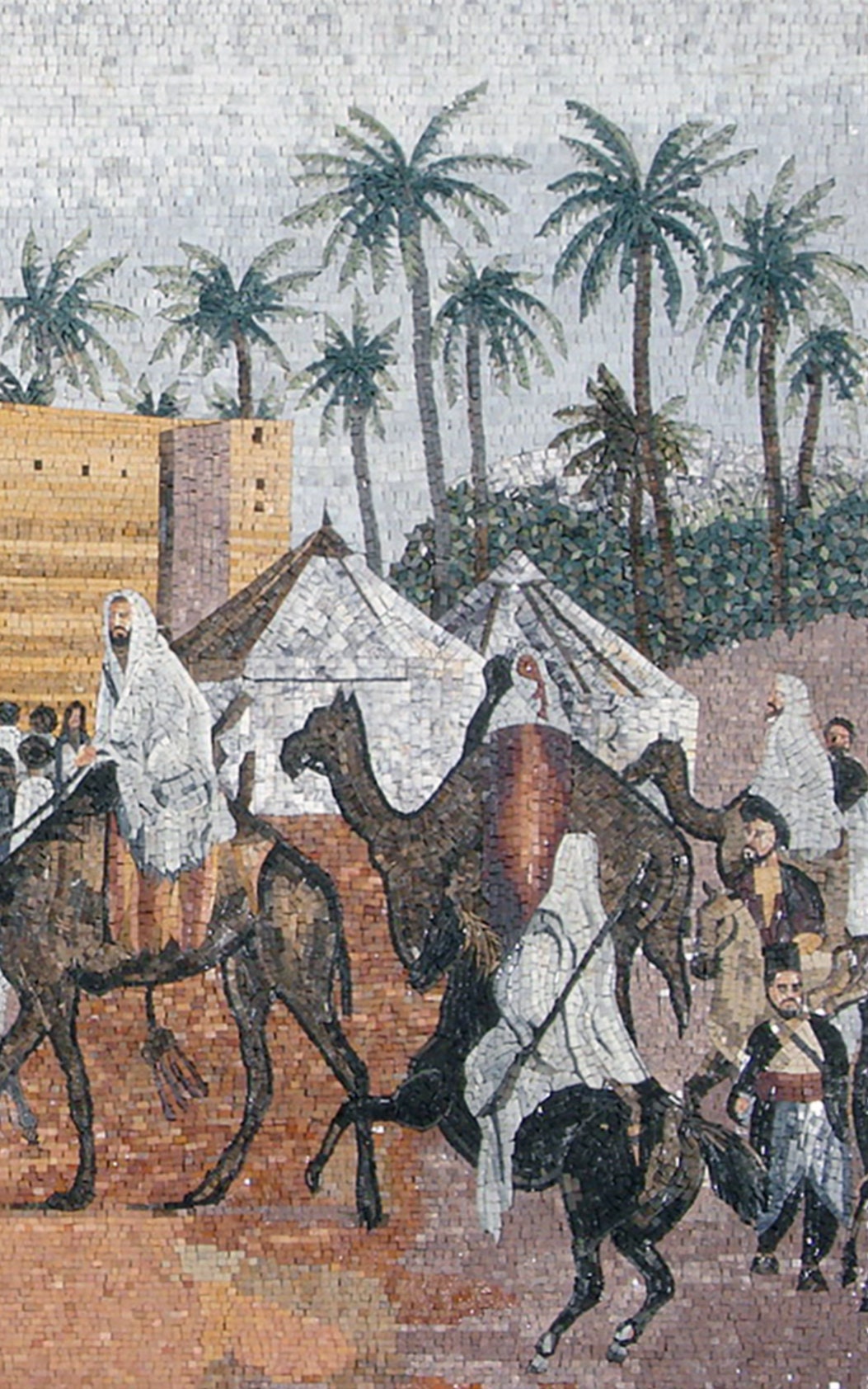 Handmade Arabian Desert Mosaic Tile Art: Castle Courtyard Scene (80” x 48”)