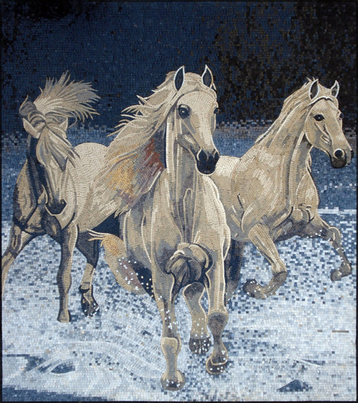 Handmade White Horse Mosaic Tile Mural: Marble Stone Animal Art (60” x 52”)