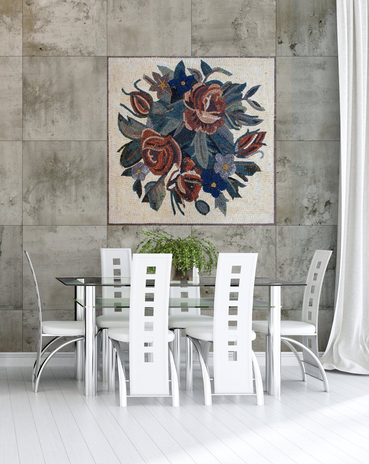 Handmade Marble Mosaic Wall Art: Red Roses & Mixed Flowers (36"x36")