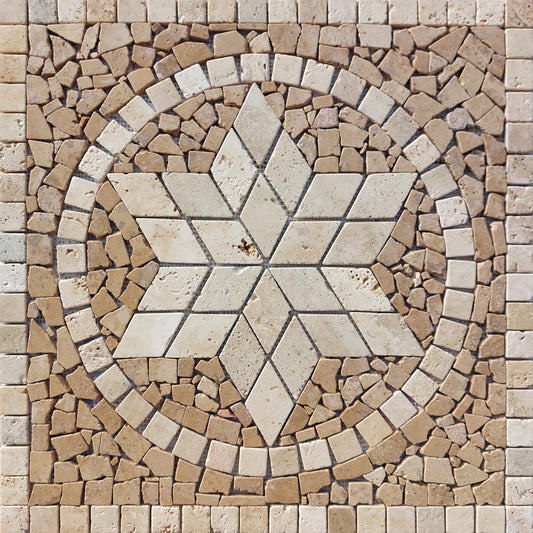 Handmade Travertine Mosaic Art: Brown Star Medallion (24"x24")