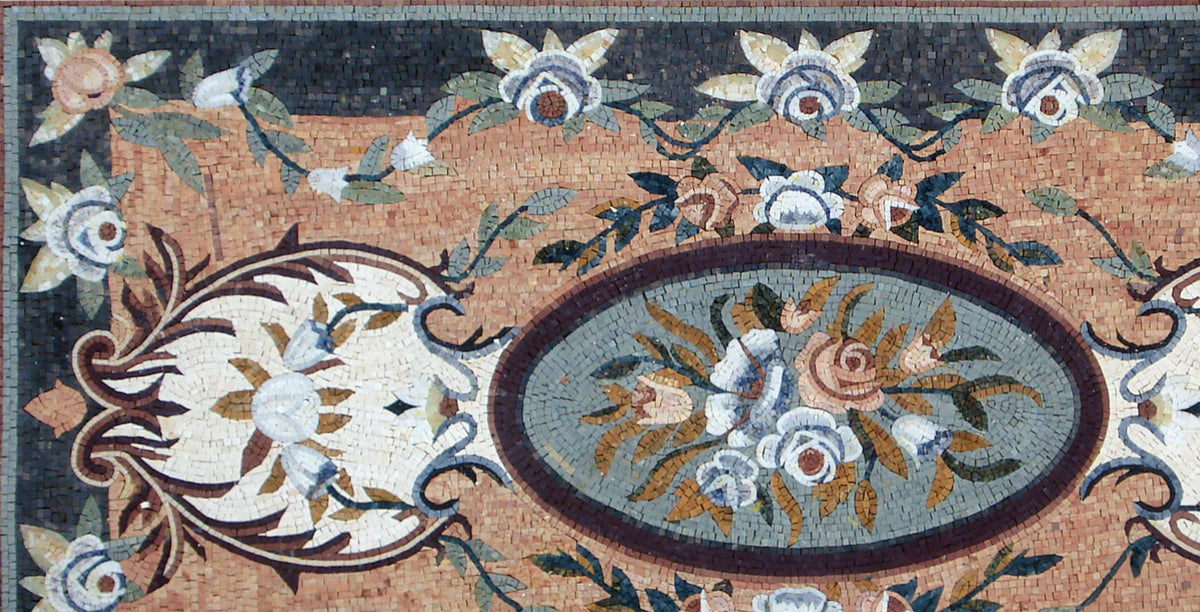 Handmade Marble Stone Mosaic Rug: Floral Medallion, 92"x48"