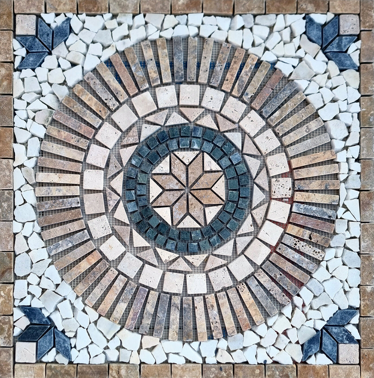 Floral Marble Mosaic Art: Tropical Stone Medallion (24"x24")