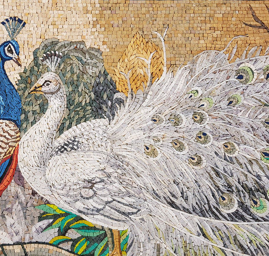 Handmade Peacock Mosaic Tile Art: Colorful Animal Backsplash (60” x 40")