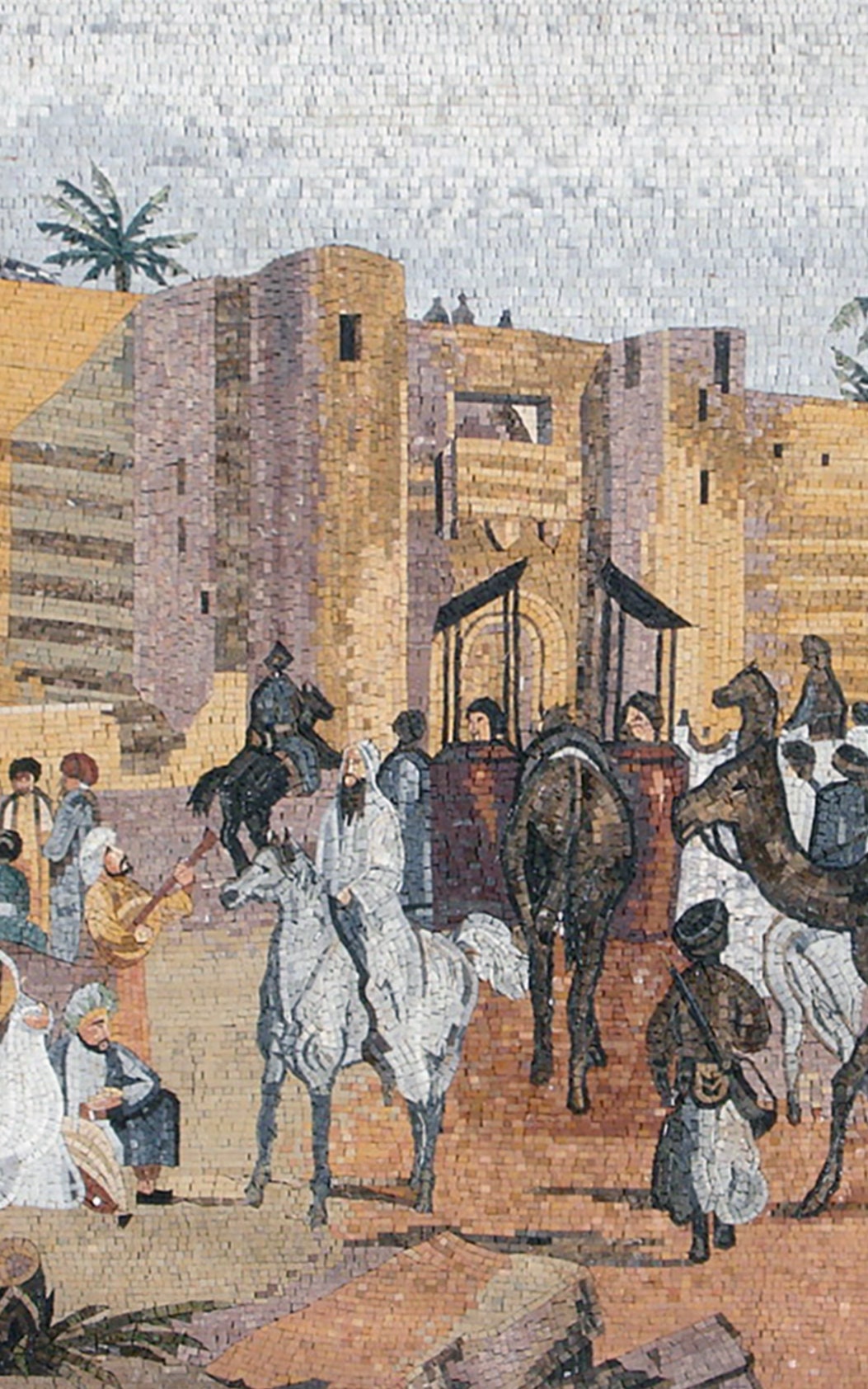 Handmade Arabian Desert Mosaic Tile Art: Castle Courtyard Scene (80” x 48”)
