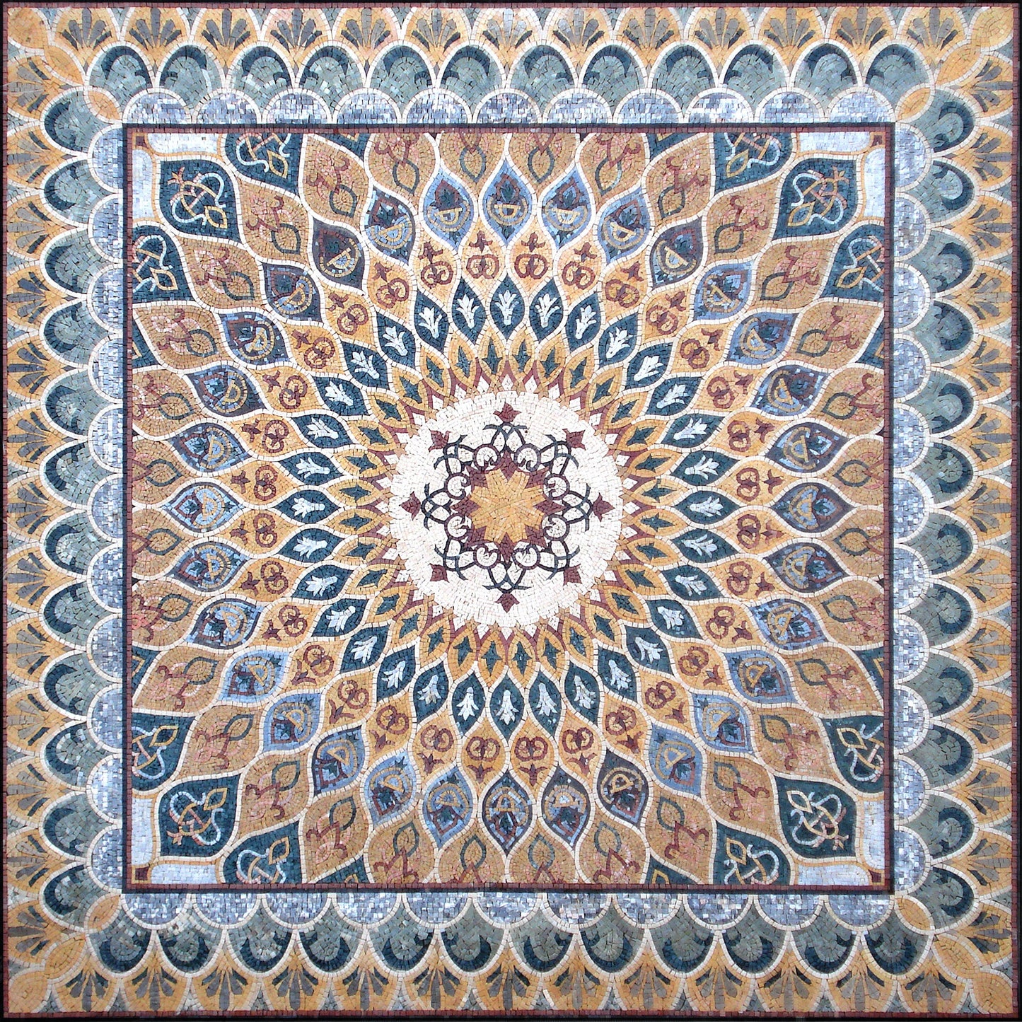 Handmade Marble Stone Mosaic Rug: Square Medallion Design
