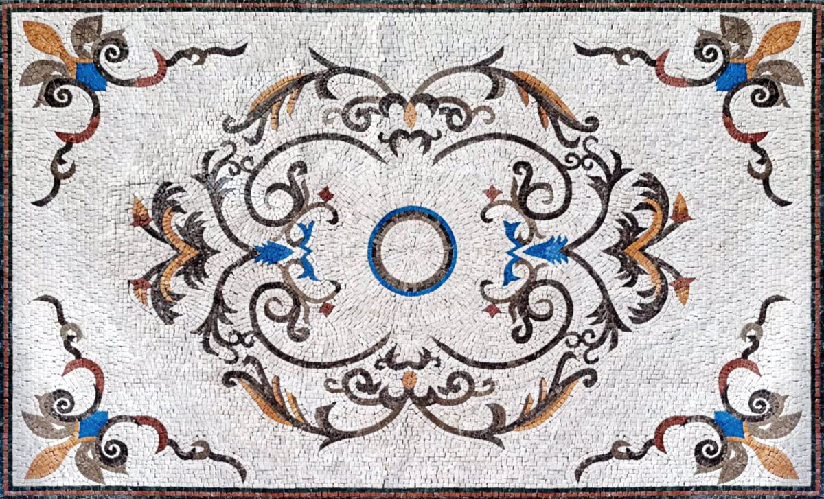 Handmade Marble Mosaic Rug: Floral Medallion Design (80” x 48")
