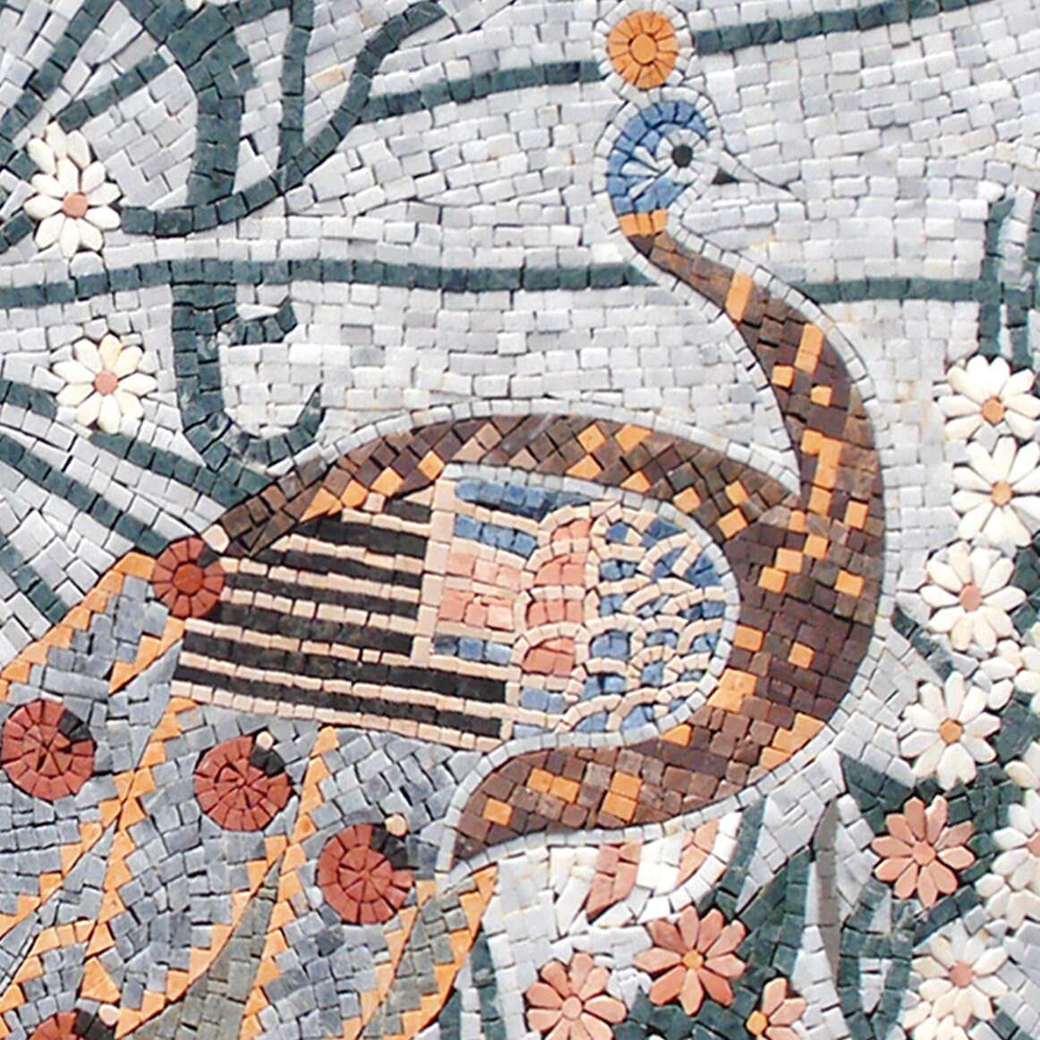 Handmade Peacock Mosaic Tile Art: Floral Marble Medallion (36" Diameter)