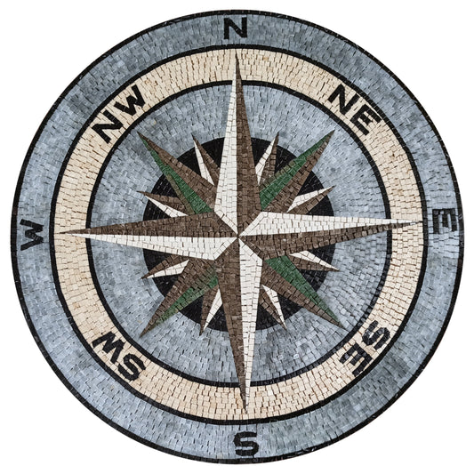 Handmade Marble Mosaic Compass Medallion: Nautical Tile Art (32" Diameter)