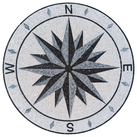 Nautical Compass Mosaic Tile: Handmade Wind Rose Medallion (32" Diameter)
