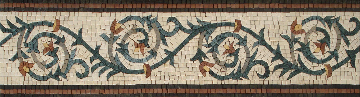 Green Vine & Flower Mosaic Tile Border: Handmade Marble Backsplash Accent