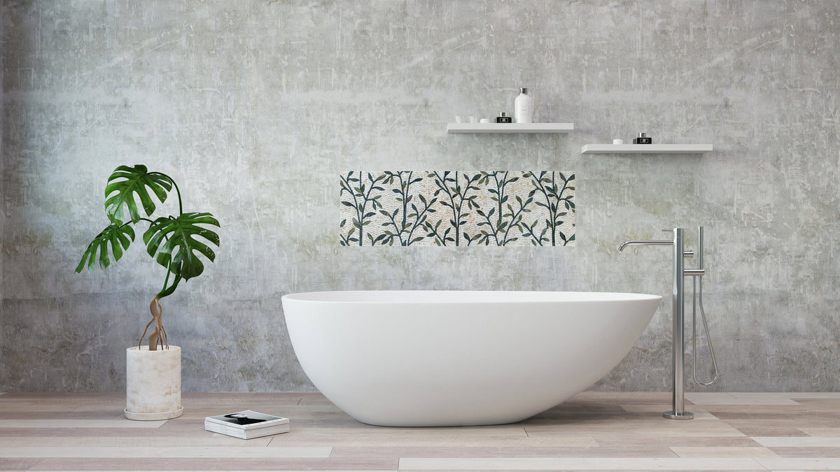 Handmade Marble Mosaic Art: Floral Leaves Wall Decor (56” x 18")