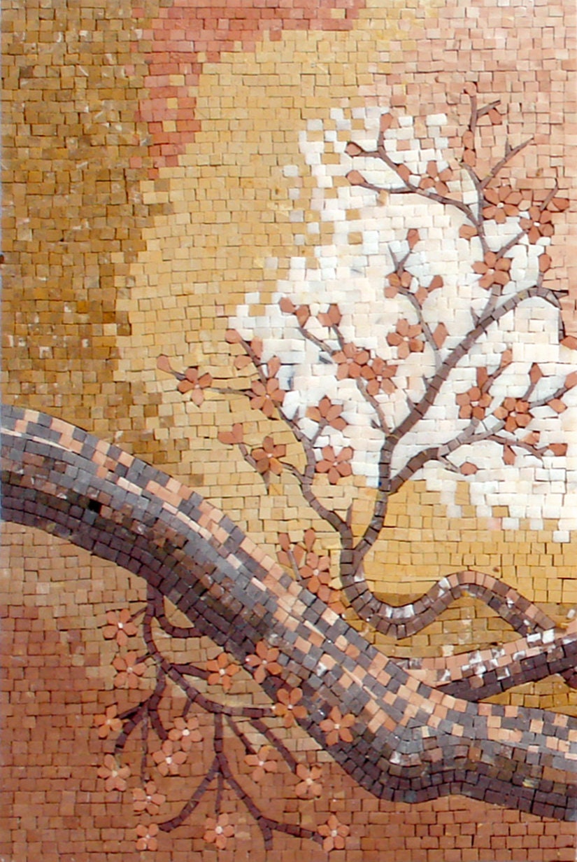 Handmade Autumn Tree Mosaic Mural: Stone & Marble Wall Art (60” x 32”)