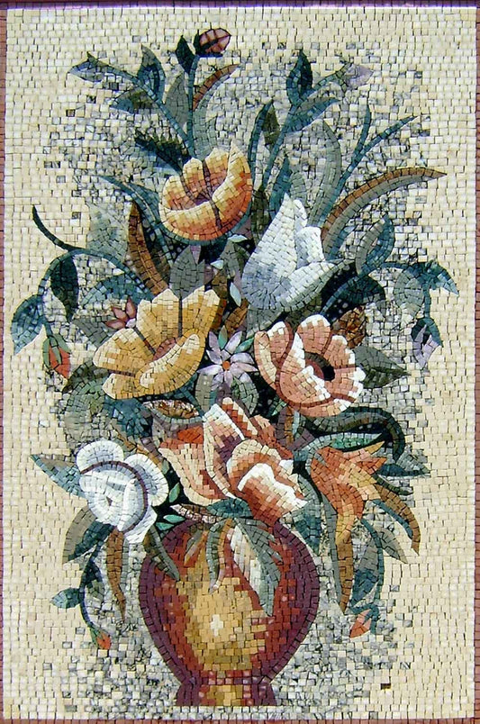 Handmade Marble Mosaic Art: Floral Roses in Vase