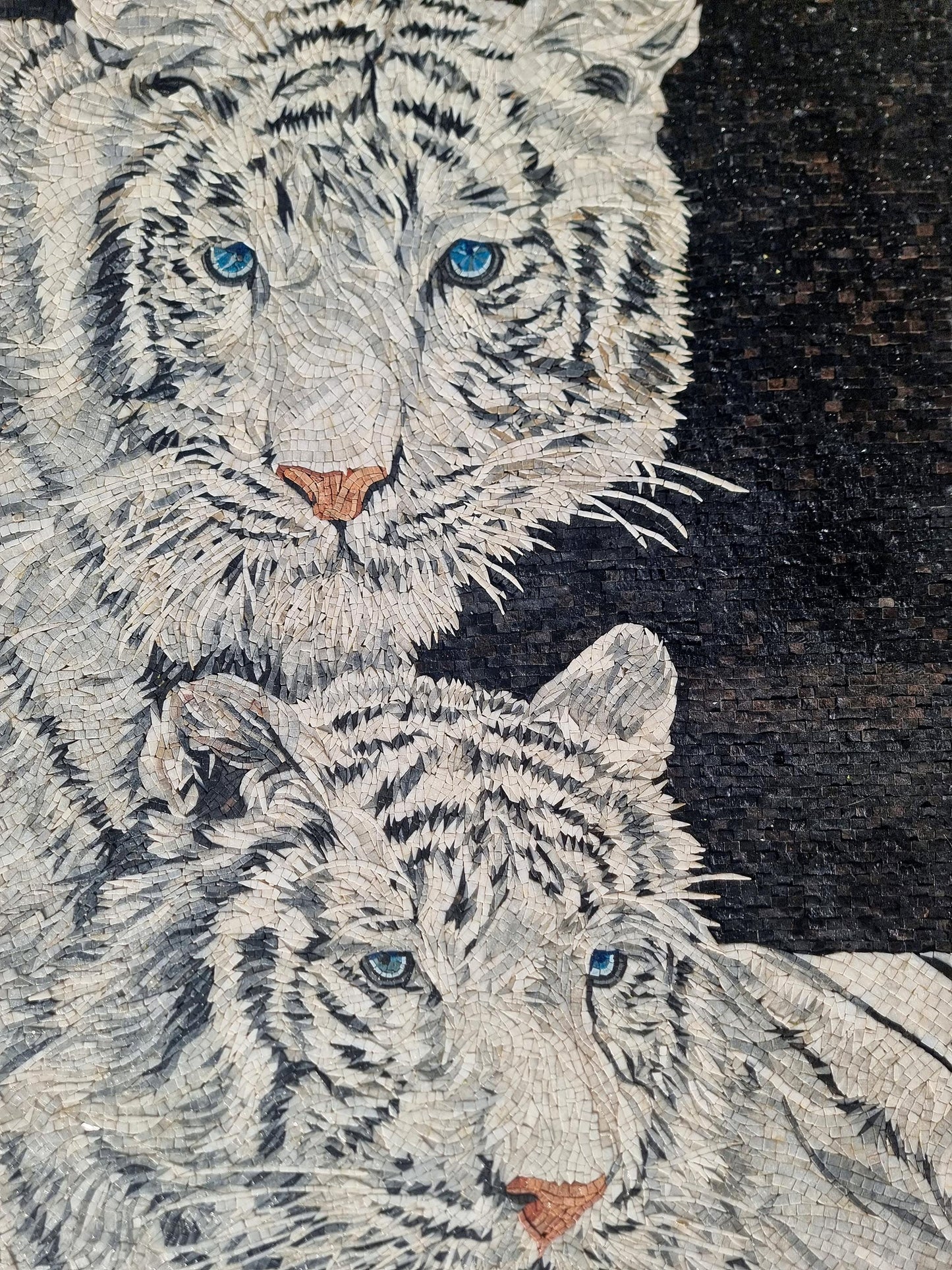 White Tiger Mosaic Art: Large Marble Tile, Handmade Animal Wall Decor (60x36)