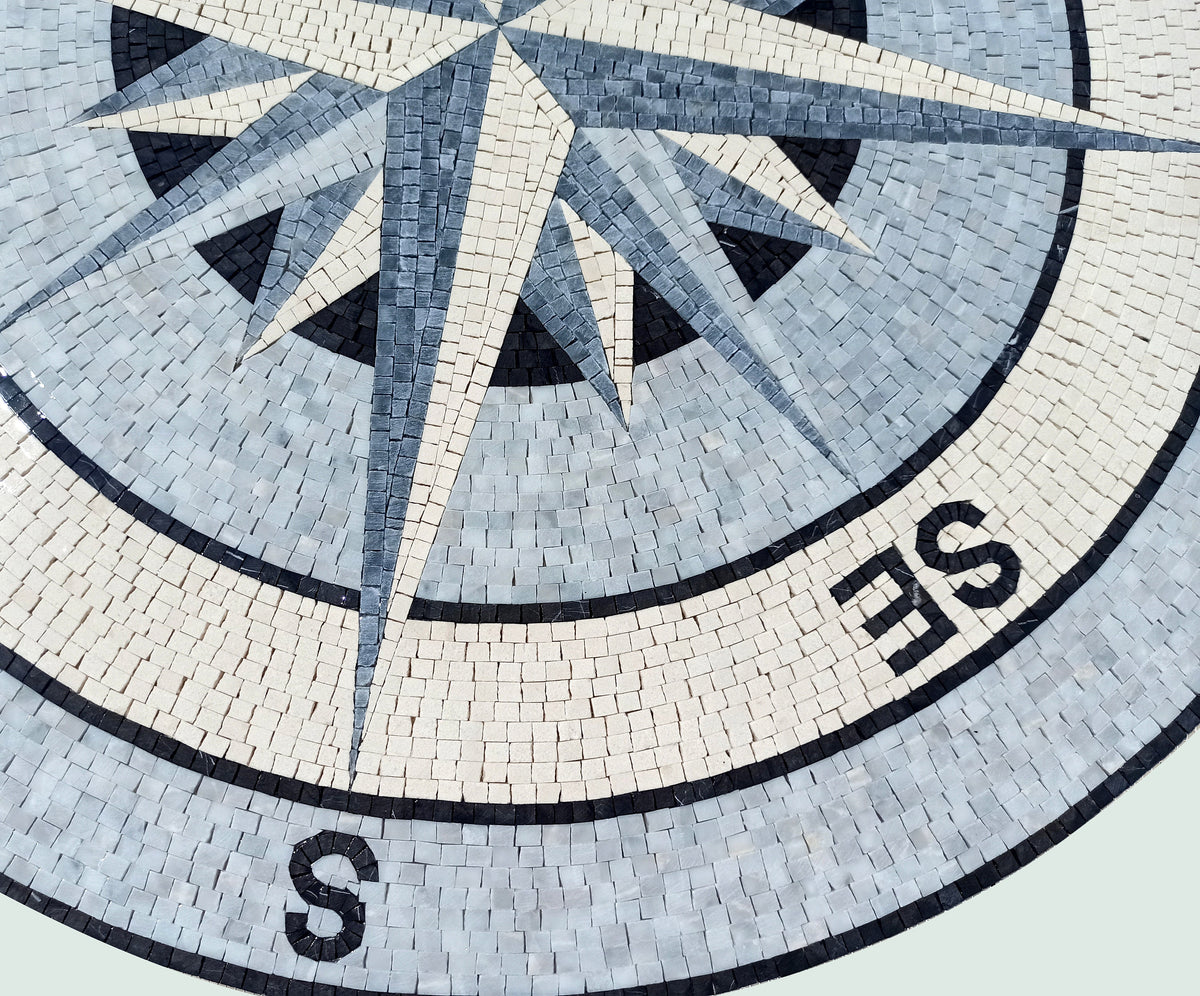 Modern Elegance - Mosaic Art Design - Grey and White Compass Rose Mosaic Medallion - Customization available