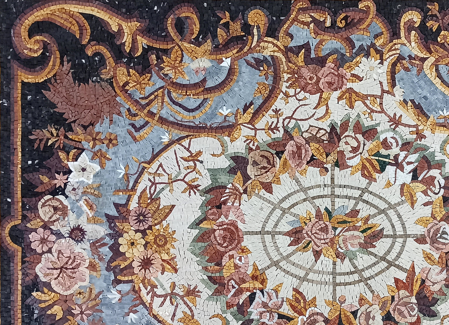 Handmade Marble Mosaic Rug: Floral Medallion Design (88” x 60")