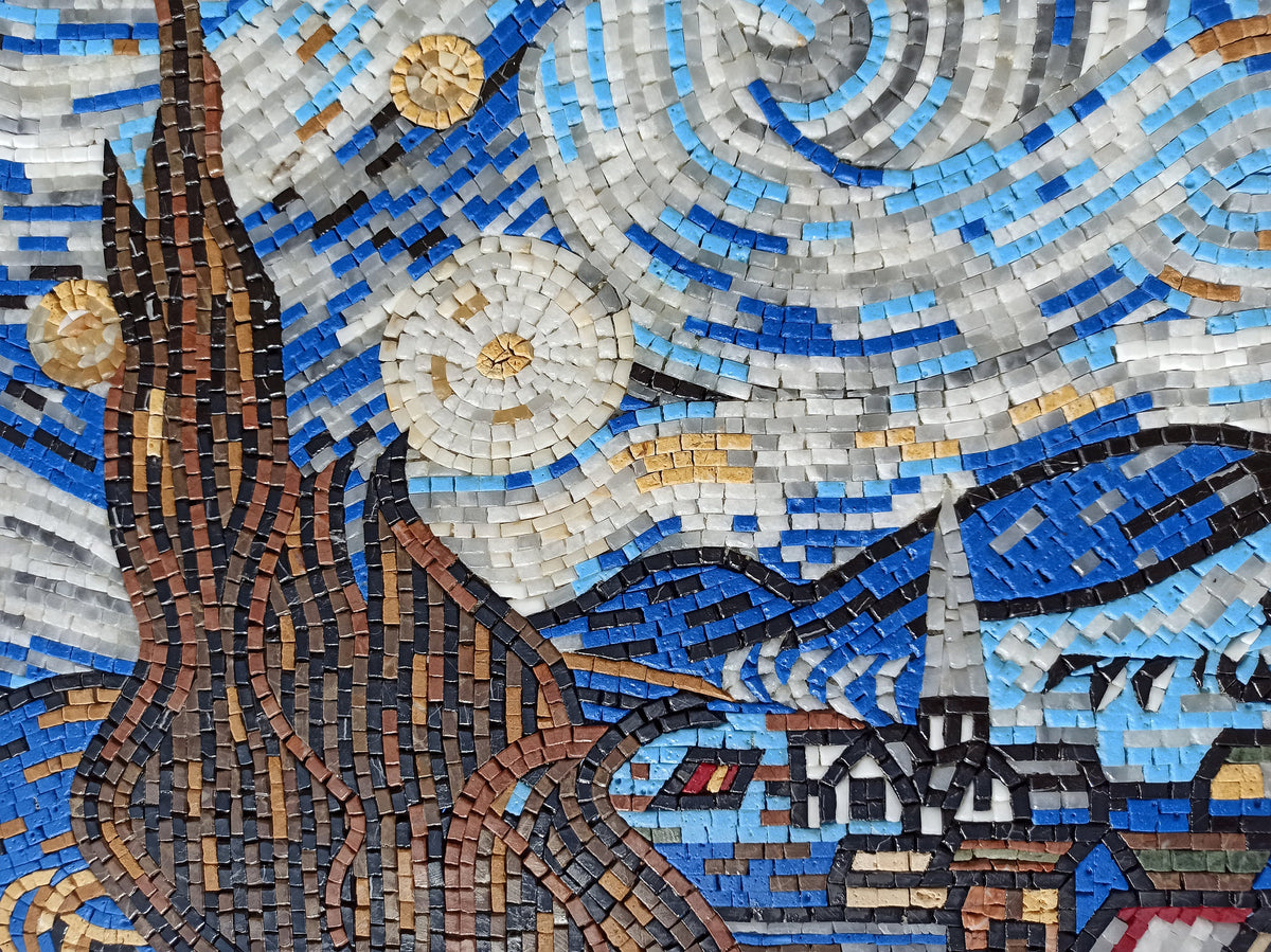Van Gogh Starry Night Mosaic Art Tile: Handmade Marble Medallion (30” x 20”)
