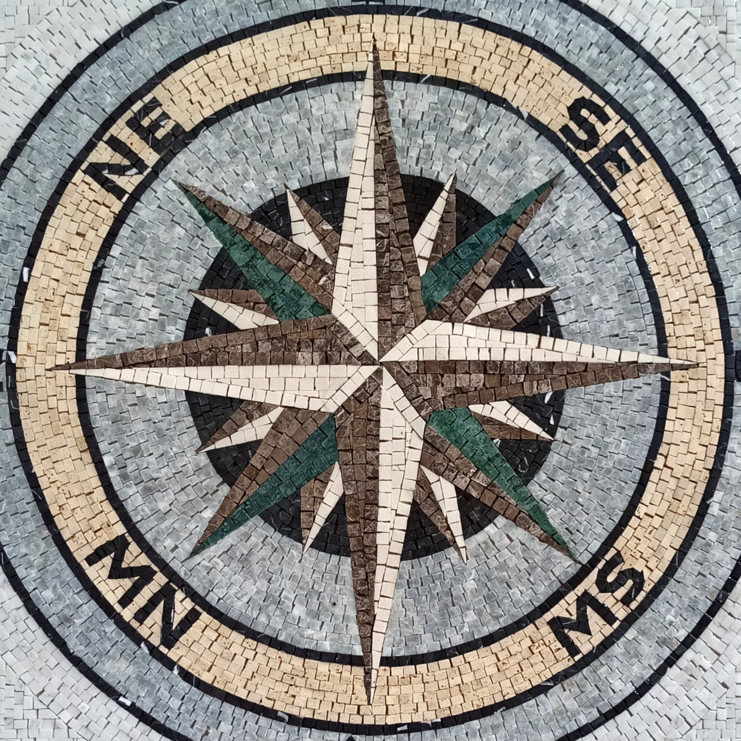 Handmade Nautical Compass Rose Mosaic Tile: Indoor/Outdoor Marble Backsplash (40”x 40")