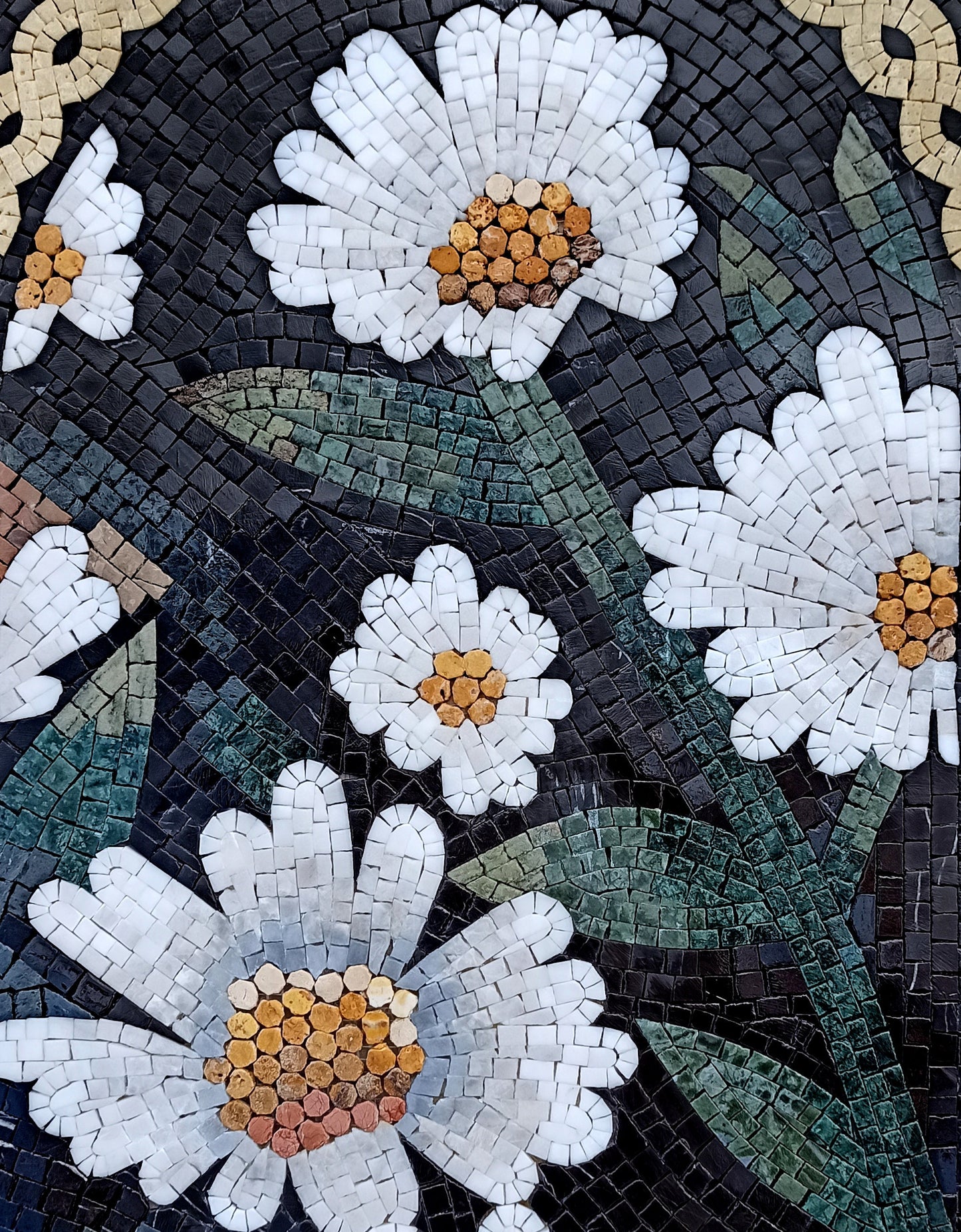 Handmade Marble Mosaic: White Daisy Floral Wall Art (40"x20")
