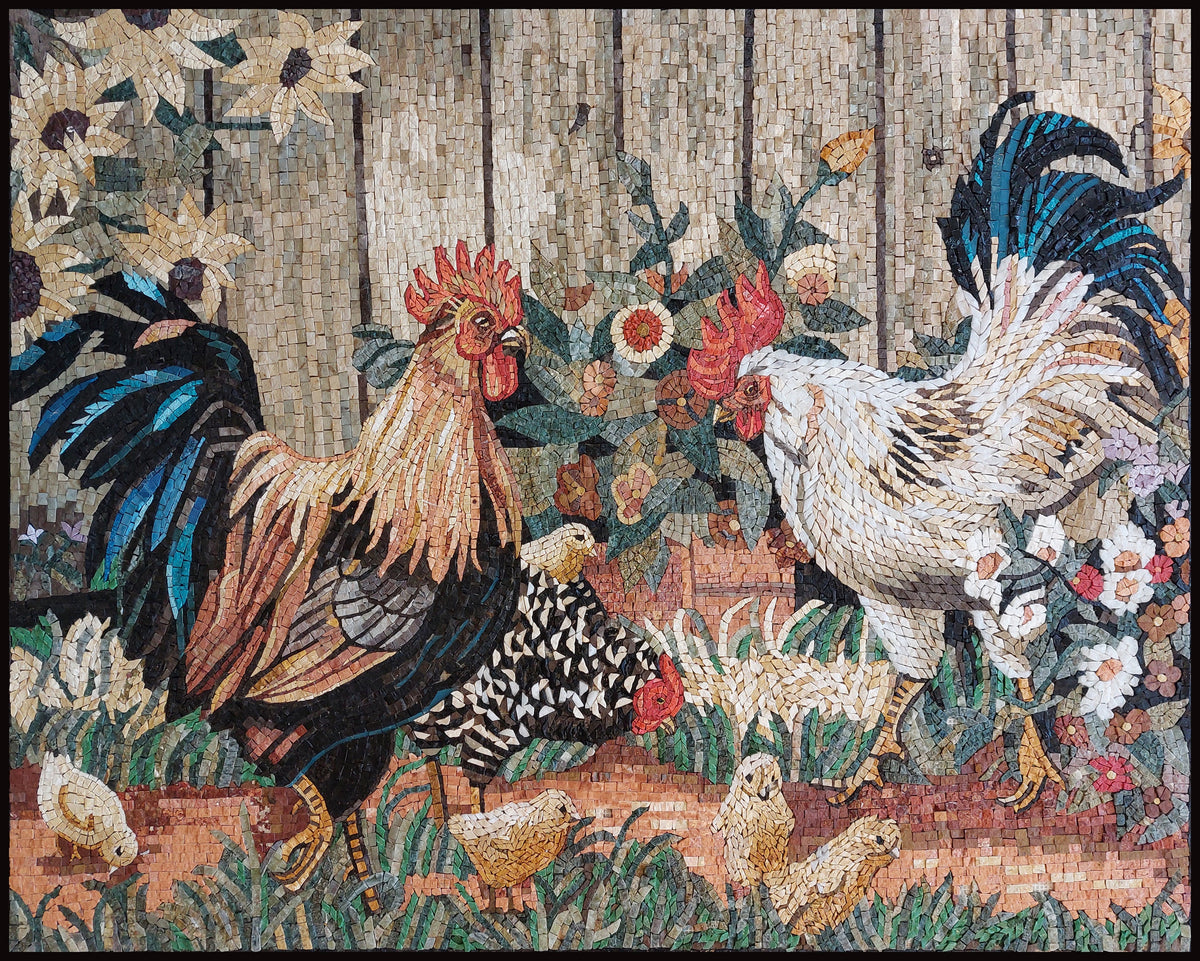 Handmade Rooster Mosaic Tile: Farmhouse Kitchen Wall Art (40" x 32")