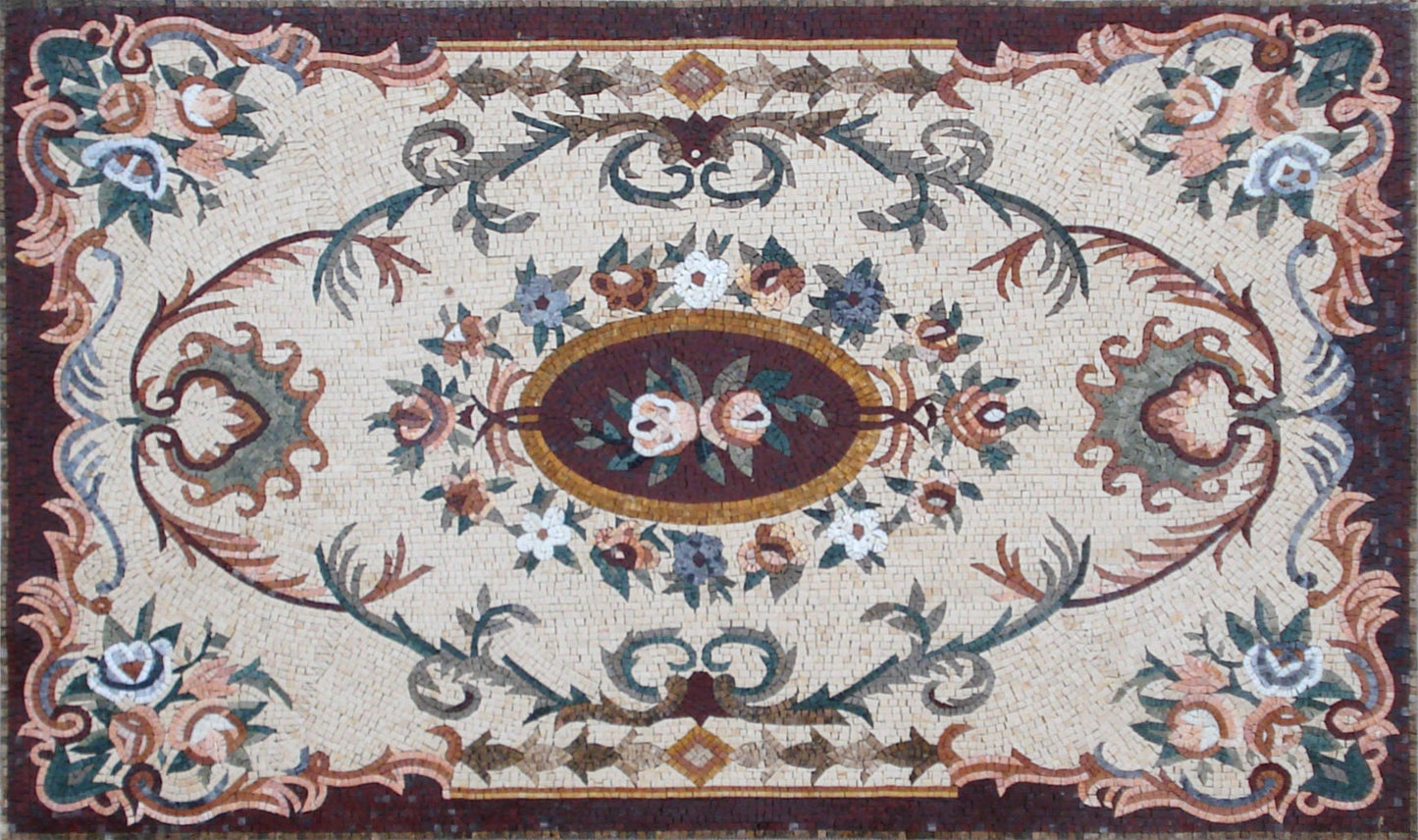 Handmade Natural Stone Rug: Floral Mosaic Art Tile (80” x 48")