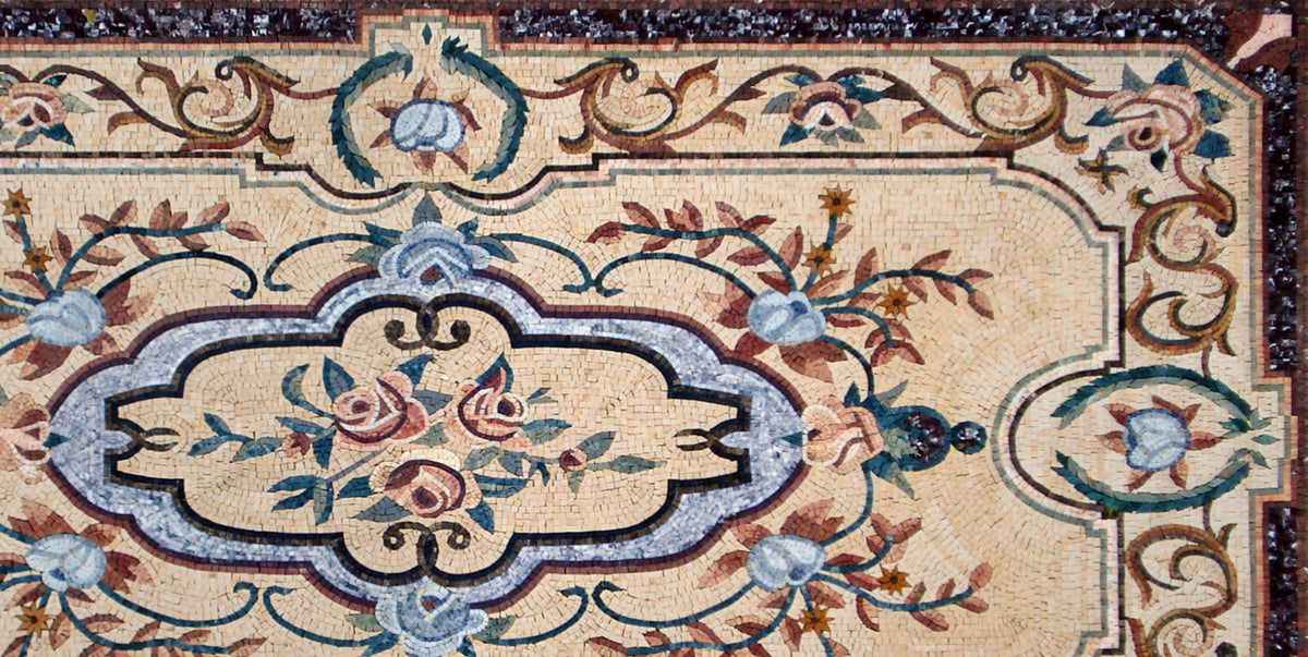 Floral Marble Mosaic Rug: Handmade Stone Carpet (108” x 54")