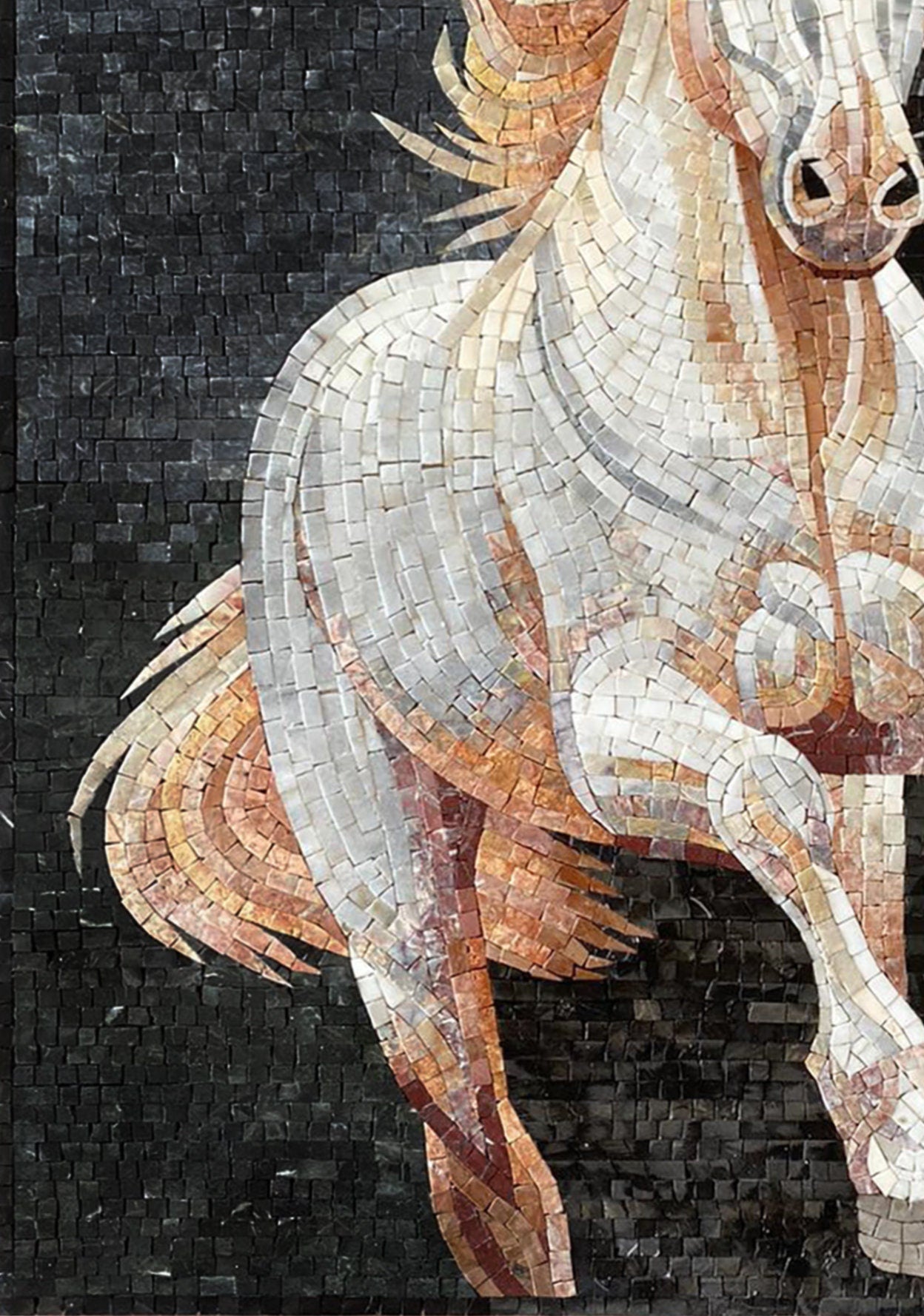 Handmade Marble Horse Mosaic Tile Art: Running Stallion Portrait