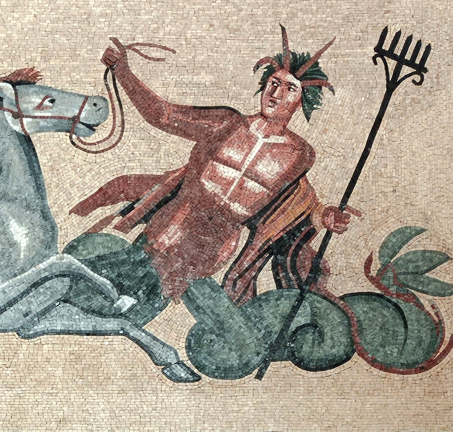 Handmade Nereid & Hippocamp Mosaic Tile Art: Italian Backsplash (66” x 36”)