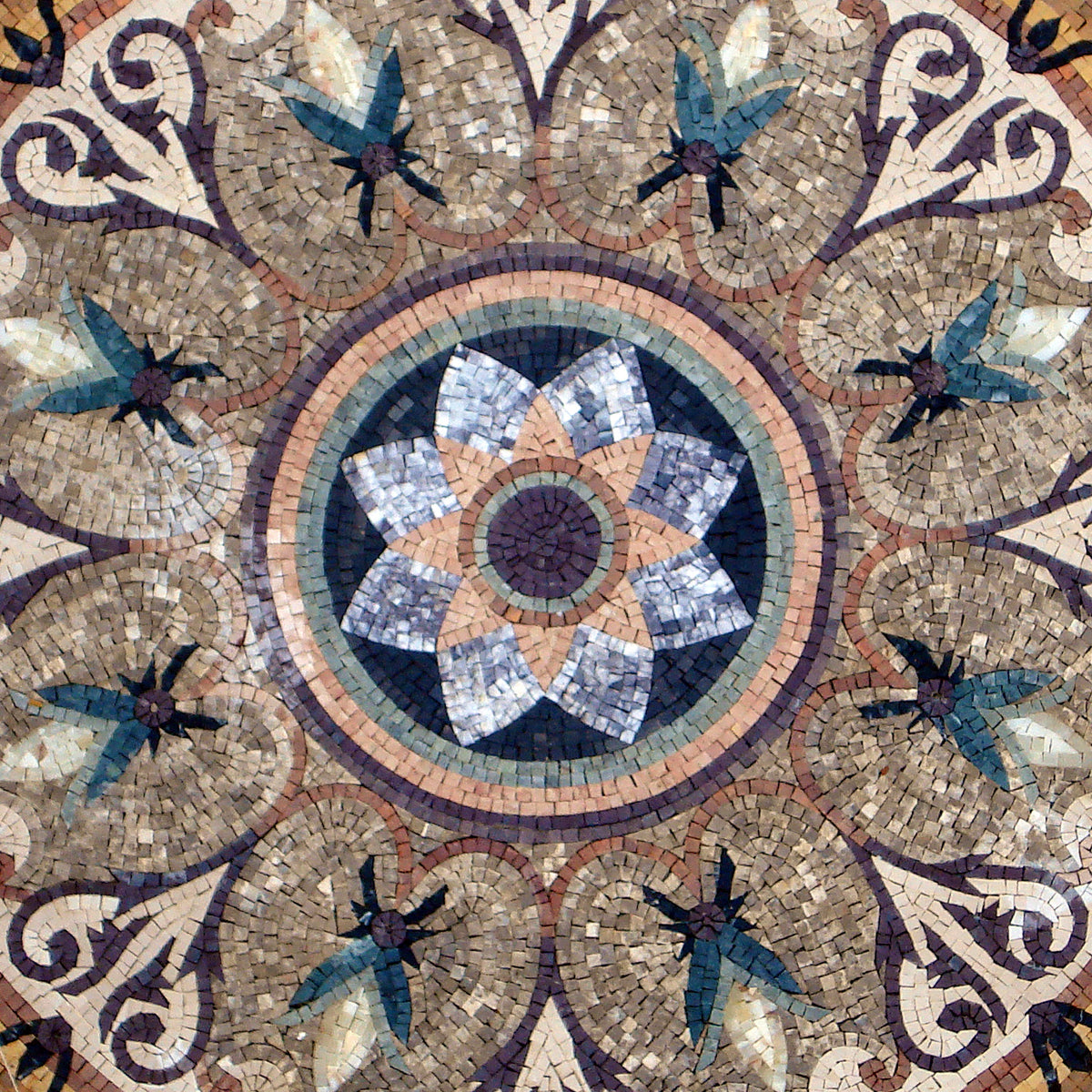 Handmade Marble Mosaic Medallion: 40-Inch Floral Art Tile
