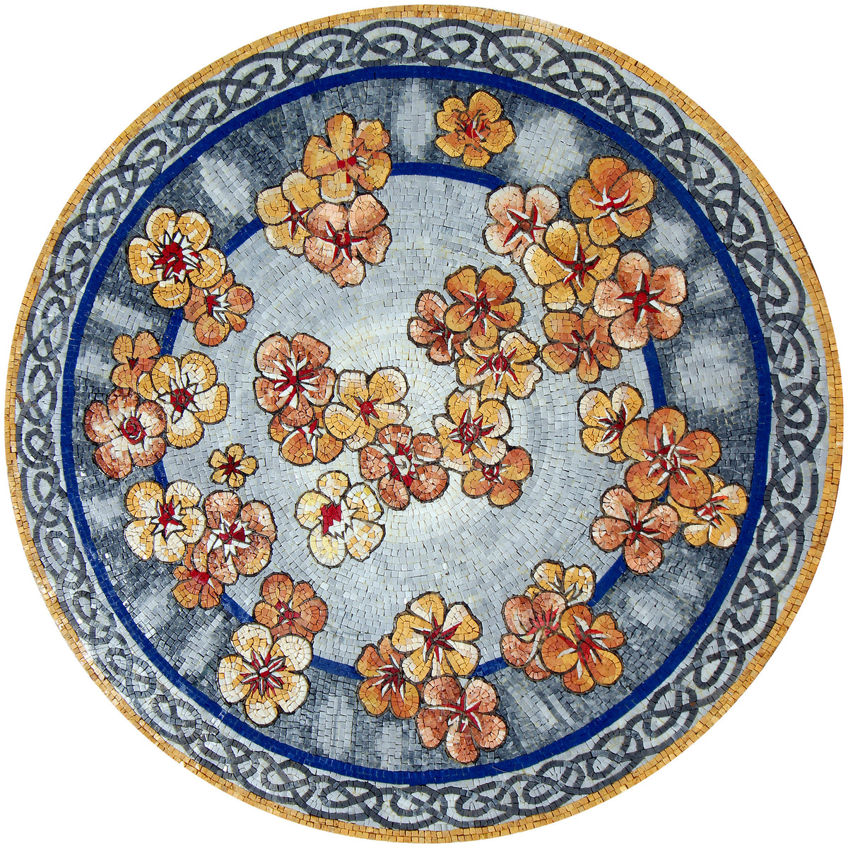 40" Handmade Artisanal Blooms Round Marble Mosaic Medallion – Orange & Gold Petunia Design - Customization Available