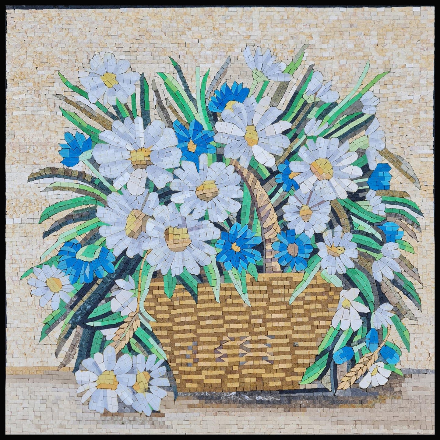 32"X32"  White & Blue Floral Mosaic Pot – Handmade Ceramic Tile Planter, Customization available