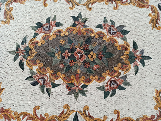 Floral Marble Mosaic Rug: Handmade Stone Art Carpet (90” x 60")