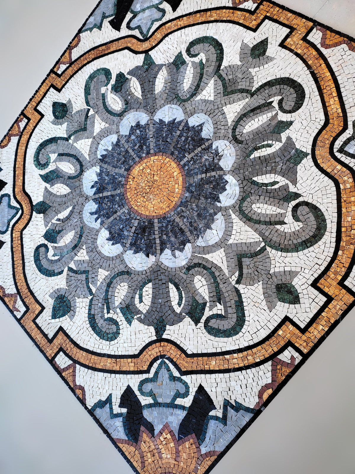 48" Handmade Geometric Marble Mosaic Tile: Indoor/Outdoor Art